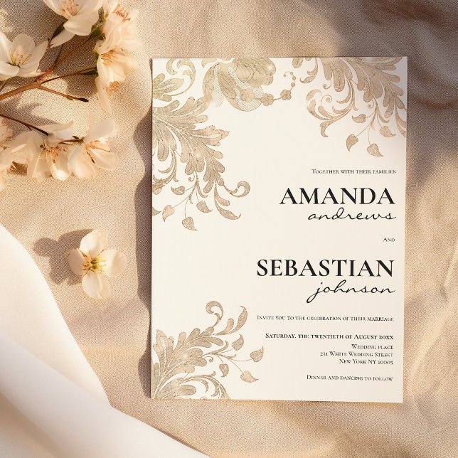 Moderne Schwarze Typografie Weißgoldblütenhochzeit Einladung (Modern black typography white gold floral Wedding)