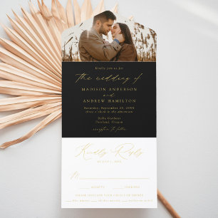 Moderne schwarze und goldene Folien-Schrift-Foto-H All-in-One-Einladung