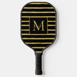 Moderne schwarze und goldene gestreifte Monogramm- Pickleball Schläger