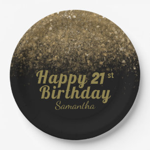 Moderne schwarze und goldene Glitter-Glanz-Geburts Pappteller