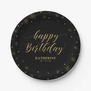 Moderne schwarze und goldene Glitzernde Happy Birt Pappteller