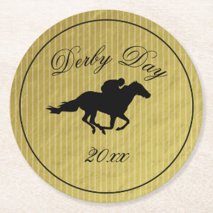 Moderne schwarze und goldene Pferderennen Derby Re Runder Pappuntersetzer
