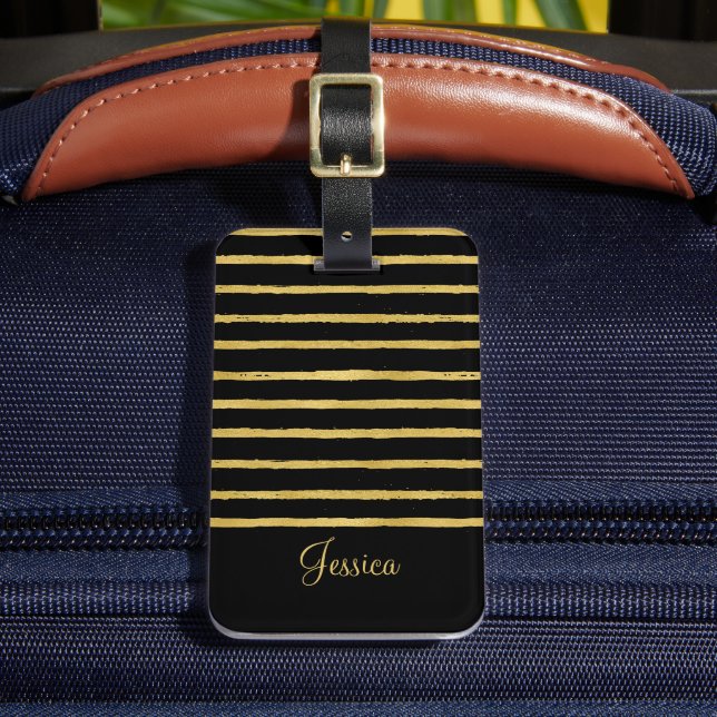 Moderne schwarze und goldene Streifen Gepäckanhänger (Vorderseite Insitu 2)