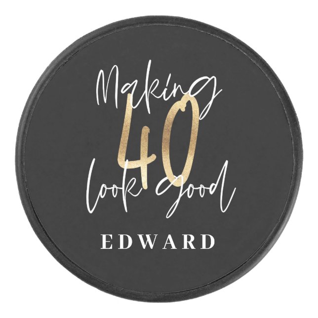 Moderne schwarze und goldene Typografie 40. Eishockey Puck (Vorderseite)