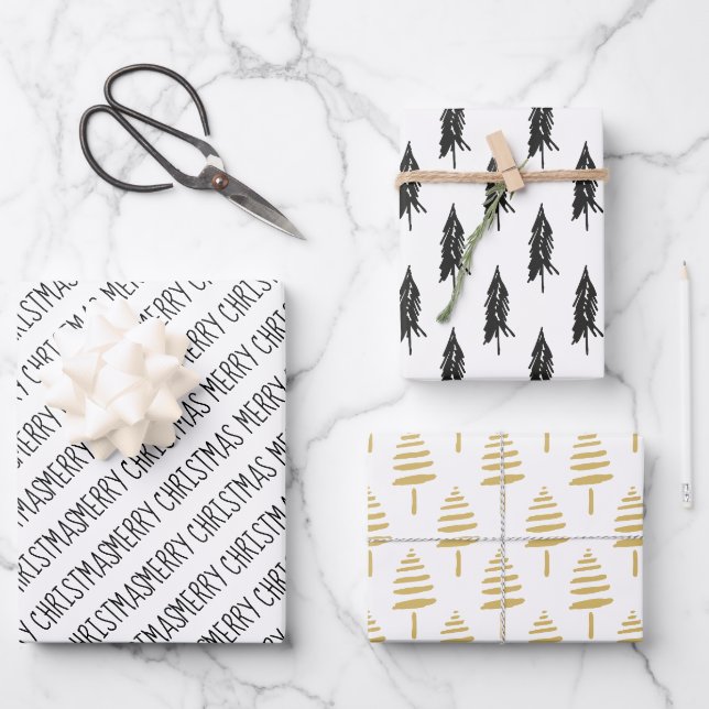 Moderne schwarze und goldene Weihnachtsbaume Geschenkpapier Set (Vorderseite)