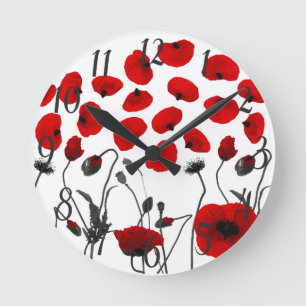 Moderne schwarze und rote Blumen und Blumenblätte Runde Wanduhr