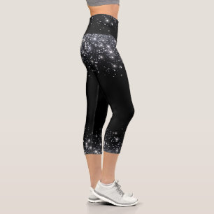 Moderne schwarze und silberne Glitter Capri Leggings