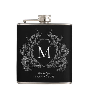Moderne schwarze und weiße Blumenwappen-Monogramm Flachmann