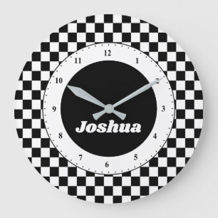 Moderne schwarze und weiße Checker-Rennflagge pers Große Wanduhr