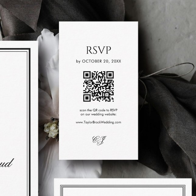 Moderne schwarze und weiße Hochzeits-RSVP-QR-Code Begleitkarte (Von Creator hochgeladen)