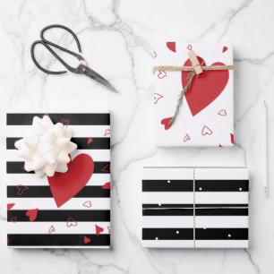 Moderne schwarze und weiße Streifen und rote Herz Geschenkpapier Set