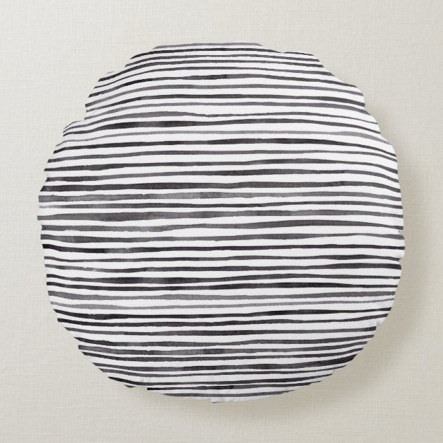 Moderne schwarze und weiße Streifen Wasserfarbe   Rundes Kissen (Vorderseite)