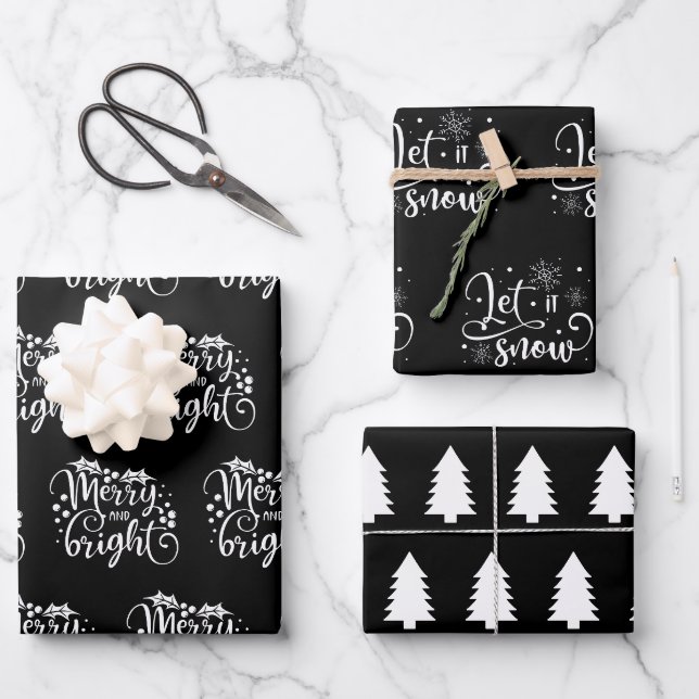 Moderne schwarze und weiße Weihnachtszitate Baumge Geschenkpapier Set (Vorderseite)