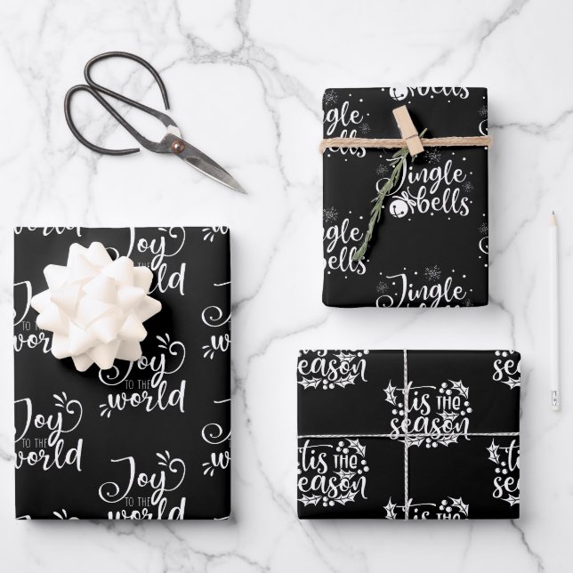 Moderne schwarze und weiße Weihnachtszitate Geschenkpapier Set (Vorderseite)