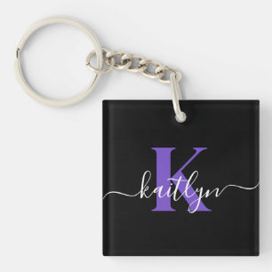 Moderne schwarze violette Schriftmonogramm Schlüsselanhänger