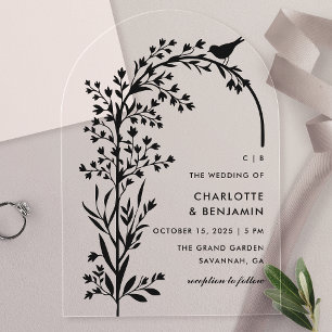 Moderne Schwarze Vogel- und Zweig-Hochzeit Acryleinladungen