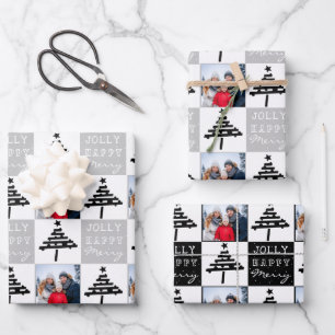 Moderne schwarze Weihnachtsbaum-Familienfoto  Geschenkpapier Set