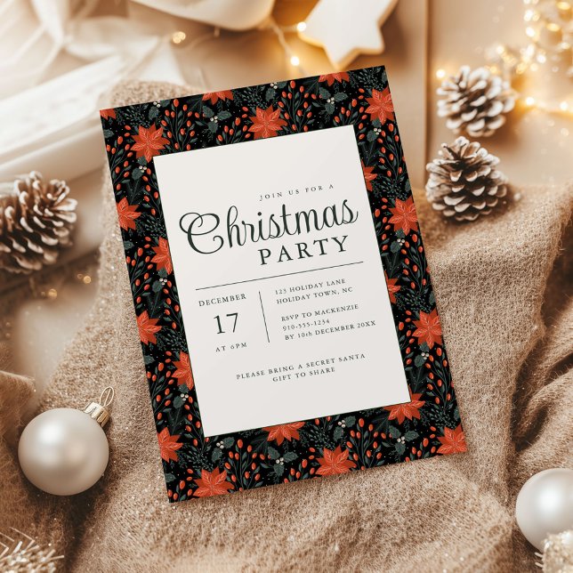 Moderne schwarze Weihnachtsstern-Weihnachtsfeier-E Einladung (Poinsettia Season Christmas Party invite black)