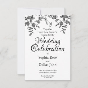 Moderne schwarze weiße Aquarellrosen Hochzeit Einladung