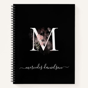 Moderne schwarze weiße Blush-Pink Blumen Monogramm Notizbuch