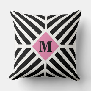 Moderne schwarze weiße diagonale Streifen-Monogram Kissen