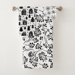 Moderne schwarze weiße Schneeflocken Beeren Lebkuc Badhandtuch Set