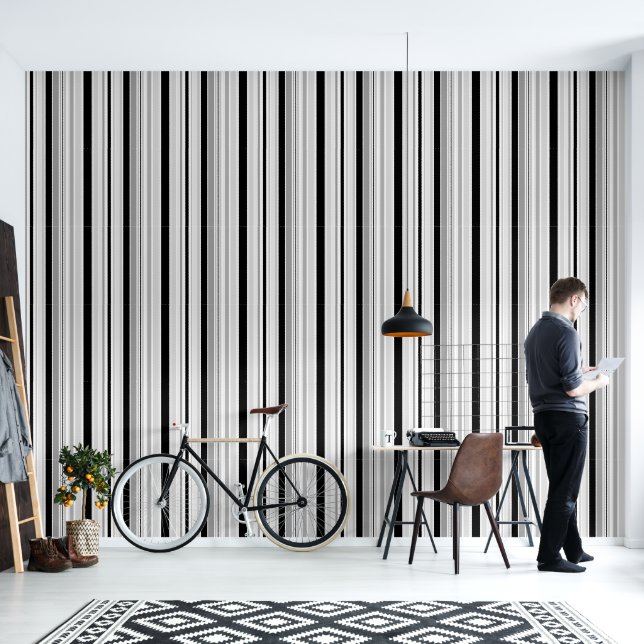 Moderne schwarze, weiße und graue Streifen Tapete (Wohnbereich)