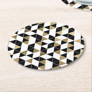 Moderne Schwarze, weiße und Imitat-Golddreiecke Runder Pappuntersetzer