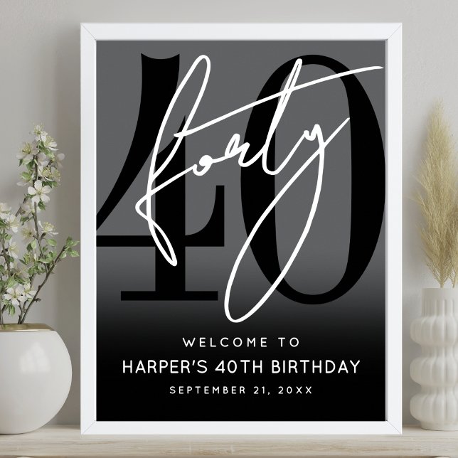Moderne schwarze Willkommensschild für die 40. Geb Poster (Modern Black 40th Birthday Party Welcome Sign)