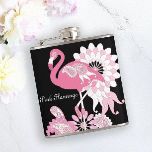 Moderne schwarze wunderliche tropische Vogel Rosa  Flachmann
