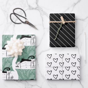 Moderne Schwarzkatze und Pflanzenmuster Geschenkpapier Set