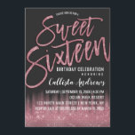 Moderne Schwarzrosa Glitzer Typografie Sweet 16 Einladung<br><div class="desc">Dieses moderne und mädchenhafte Sweet 16 lädt das elegante und trendige Geburtstagsmädchen zum Entspannen ein. Es zeichnet sich durch ein hübsches und glamouröses Imitat gedruckt rosa funkelnden Glitzer-Sequin und schwarzen ombre Farbverlauf. Es zeigt auch rosa funkelnd Glitzer, "16 . Geburtstag" Pinseltypografie. Das elegante und stilvolle Design-Thema wird die Gäste sicherlich...</div>