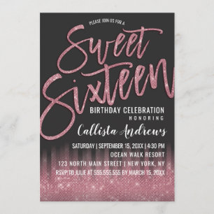 Moderne Schwarzrosa Glitzer Typografie Sweet 16 Einladung