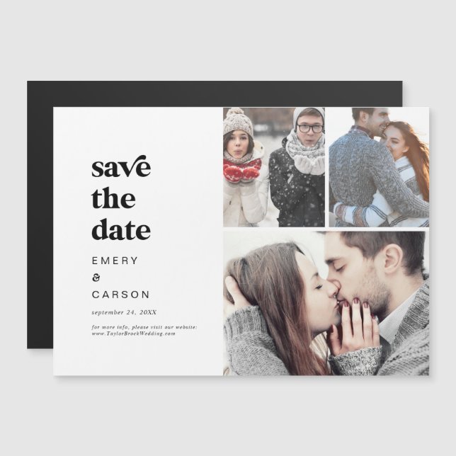 Moderne Schwarztypografie 3 Foto Save the Date Magneteinladung (Vorne/Hinten)