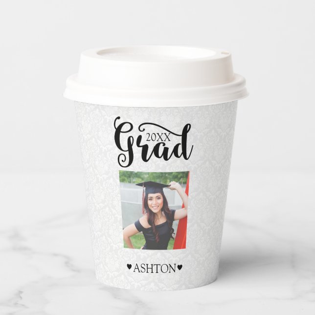 Moderne Schwarztypografie und Foto Paper Cup Pappbecher (Vorderseite)