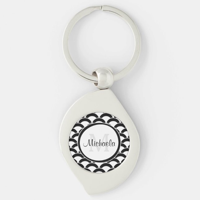 Moderne Schwarzweiss-Kamm-Muscheln Monogramm und Schlüsselanhänger (Vorderseite)
