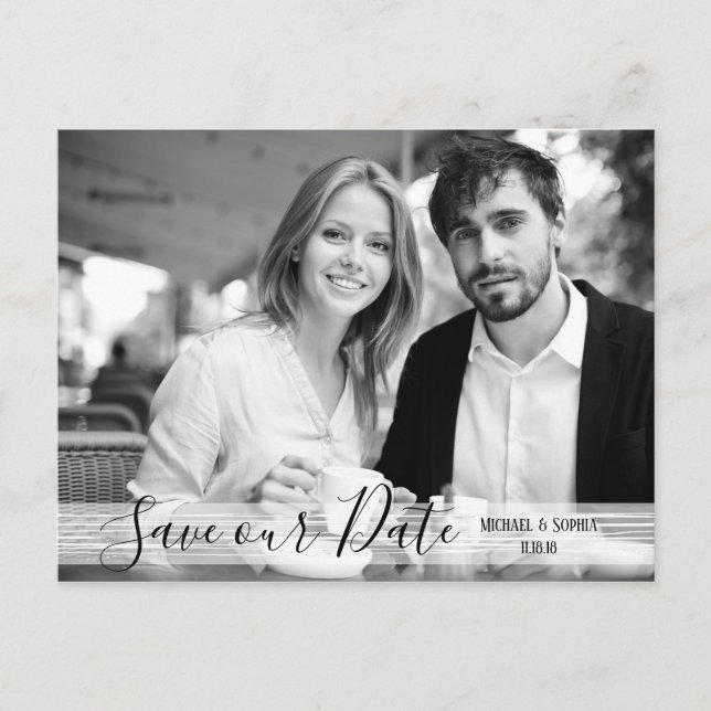 Moderne Schwarzweiß-Schrift Rette unseren Date Pos Ankündigungspostkarte (Vorderseite)