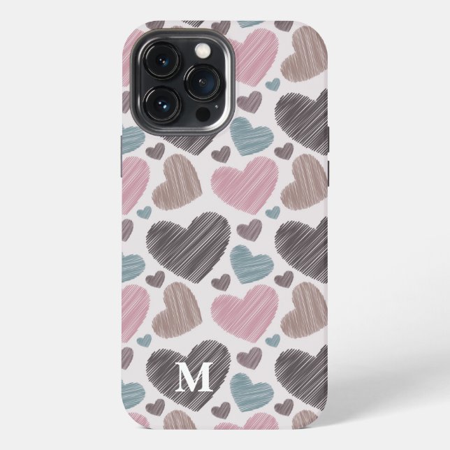 Moderne Scribble Hearts Monogram Custom iPhone 13 Pro Max Hülle (Rückseite)