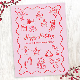 Moderne Scribble-Illustration Doodle Pink und Rot Feiertagspostkarte