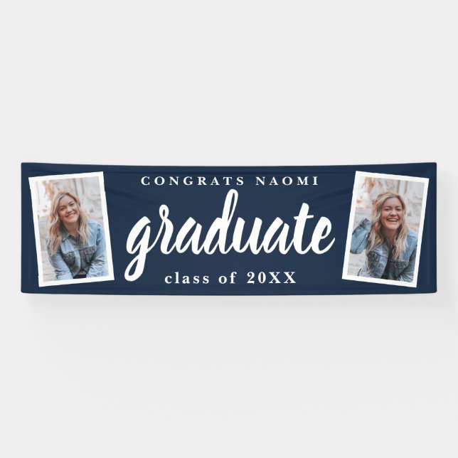 Moderne Script 2 Foto Graduation Party Banner (Horizontal)