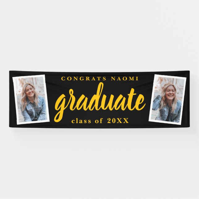 Moderne Script 2 Foto Graduation Party Banner (Horizontal)