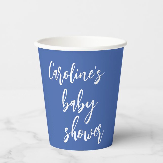 Moderne Script Baby Dusche Custom French Blue Pappbecher (Vorderseite)