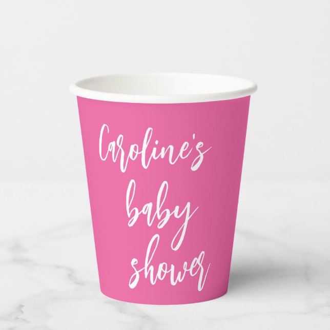 Moderne Script Baby Dusche Custom Trendy Hot Pink Pappbecher (Vorderseite)
