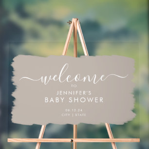 Moderne Script Baby Dusche Willkommen Paint Beige Acrylschild