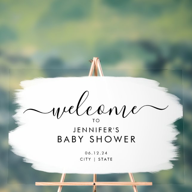 Moderne Script Baby Dusche Willkommen Paint White Acrylschild (Neutral)