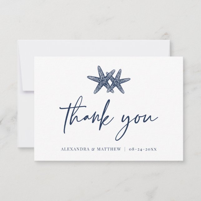Moderne Script Beach Starfish Blue Wedding Dankeskarte (Vorderseite)