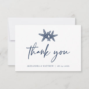 Moderne Script Beach Starfish Blue Wedding Dankeskarte