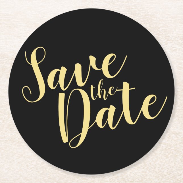 Moderne Script Black and Gold Hochzeit Sichern Sie Runder Pappuntersetzer (Vorderseite)