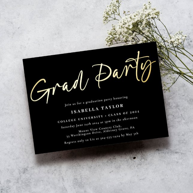 Moderne Script Black Gold Graduation Party Folieneinladung (Von Creator hochgeladen)