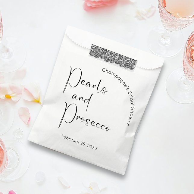 Moderne Script Brautparty Perlen und Prosecco Geschenktütchen (Von Creator hochgeladen)